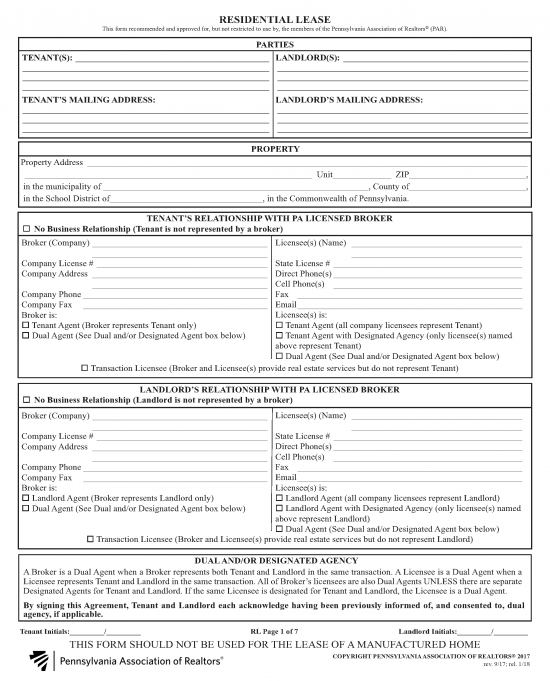 Residential FREE Printable Pa Lease Agreement Printable Lease Agreement