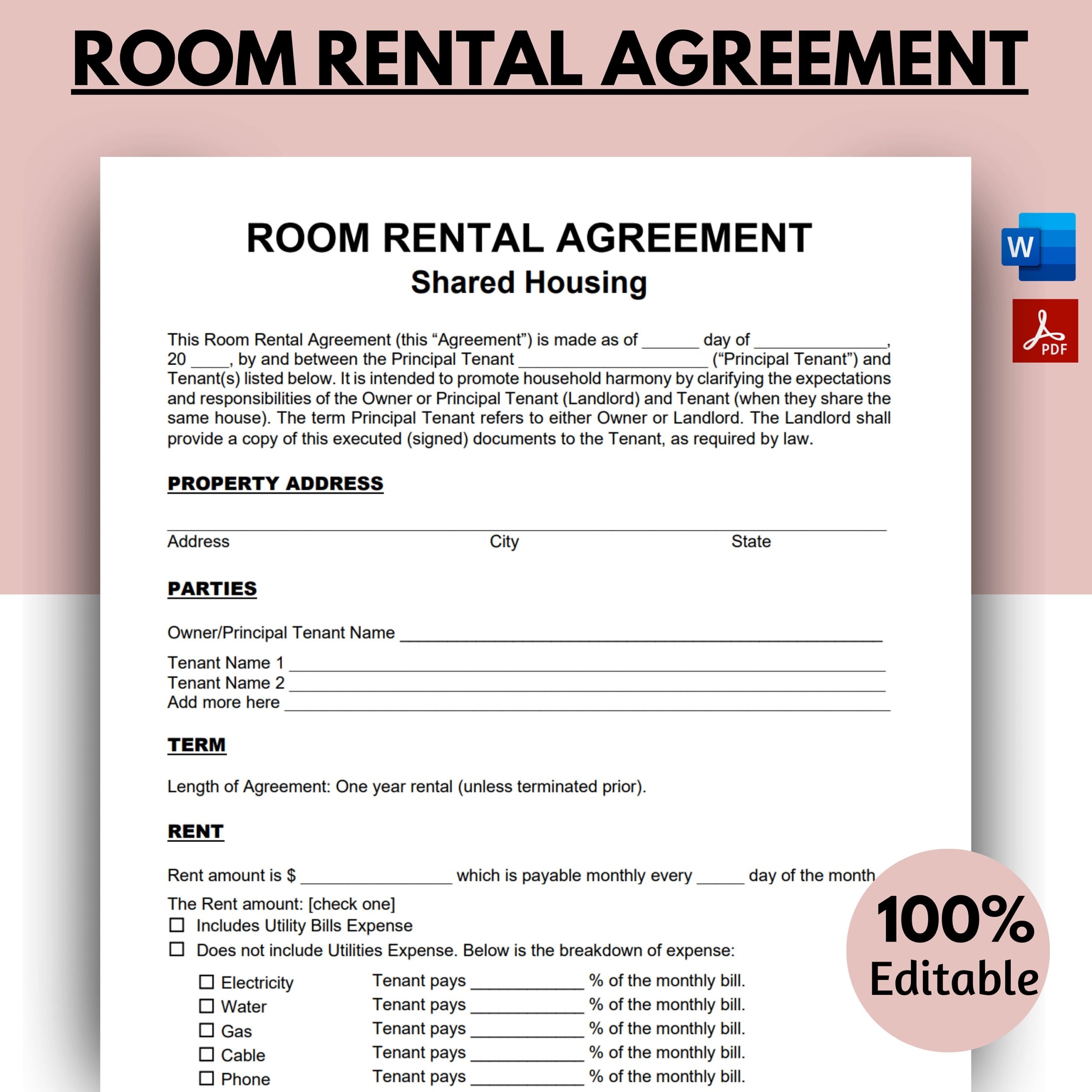 Room Rental Agreement Rent Room Lease Agreement Roommate Room 