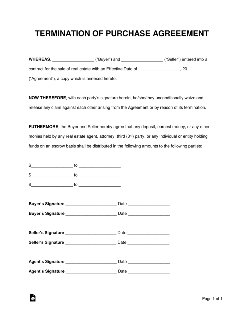 Simple Home Purchase Agreement Free Termination Letter To Purchase 