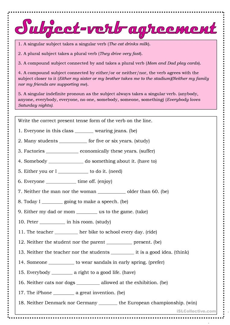 Subject Verb Agreement Printable Worksheets High School Printable 