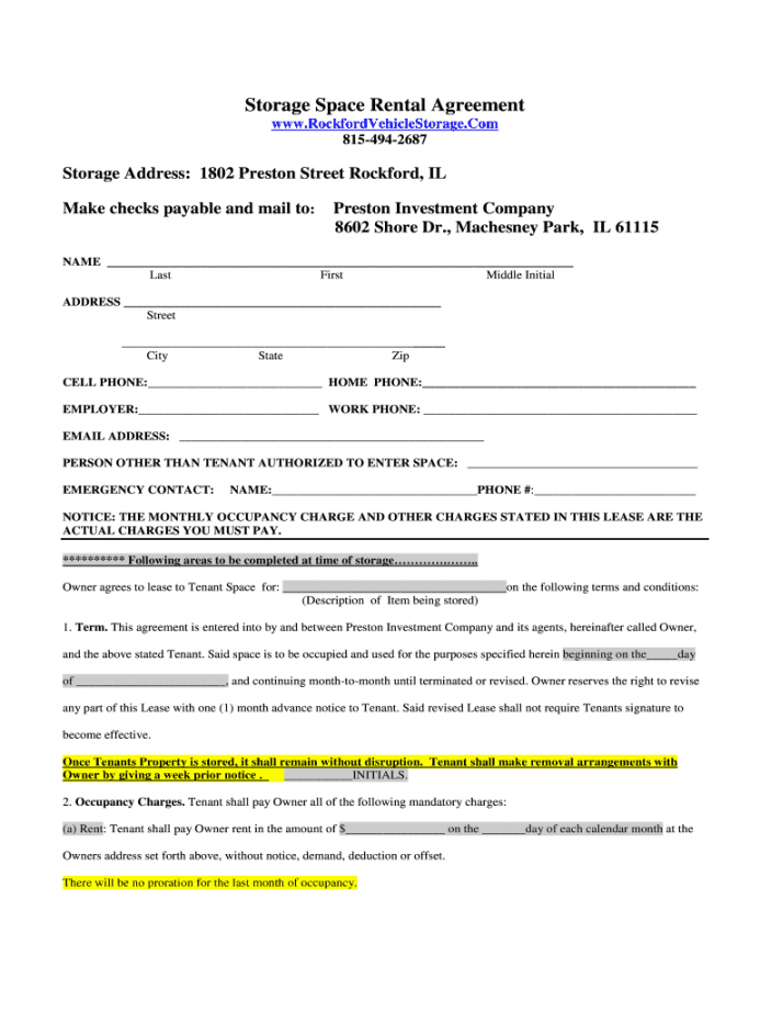 Template Free Printable Simple Storage Agreement FREE Printable A Z