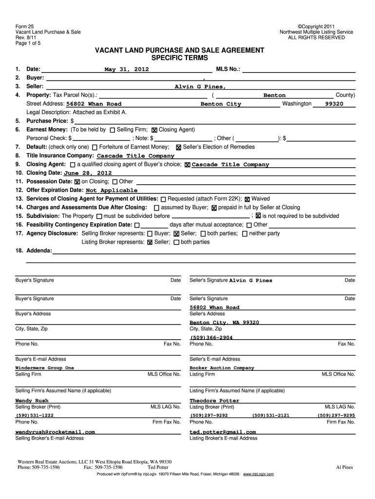Vacant Land Purchase And Sale Agreement Fill Online Printable 