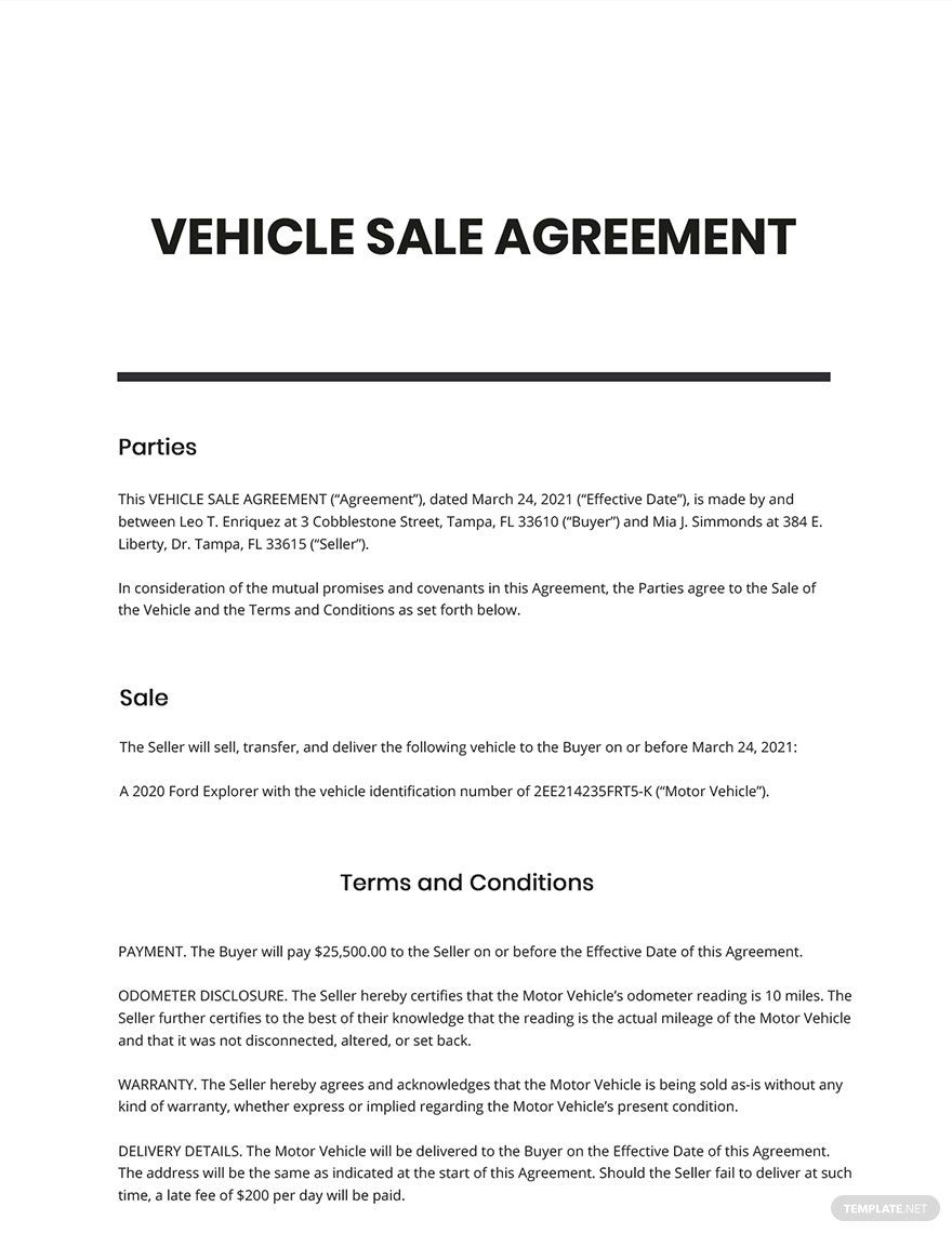 Vehicle Sale Agreement Template Google Docs Word Apple Pages 