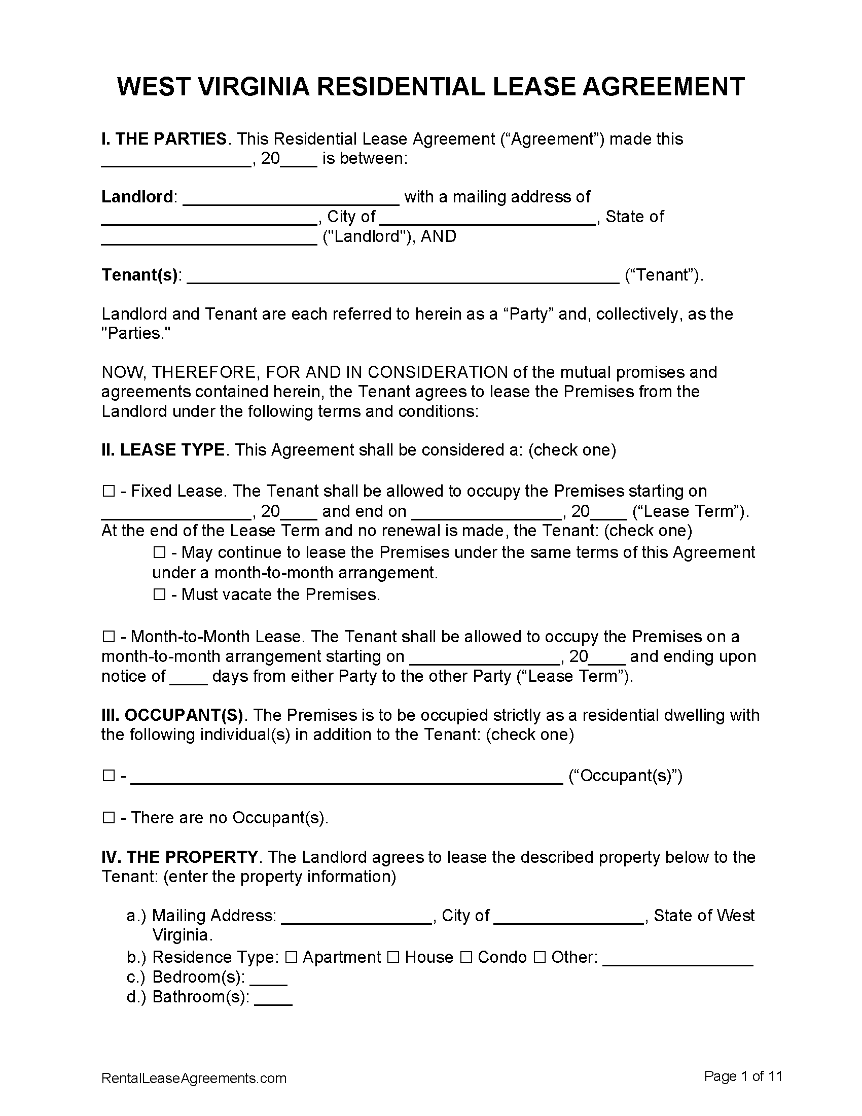 West Virginia Residential Lease Agreement PDF Free Printable Rental 