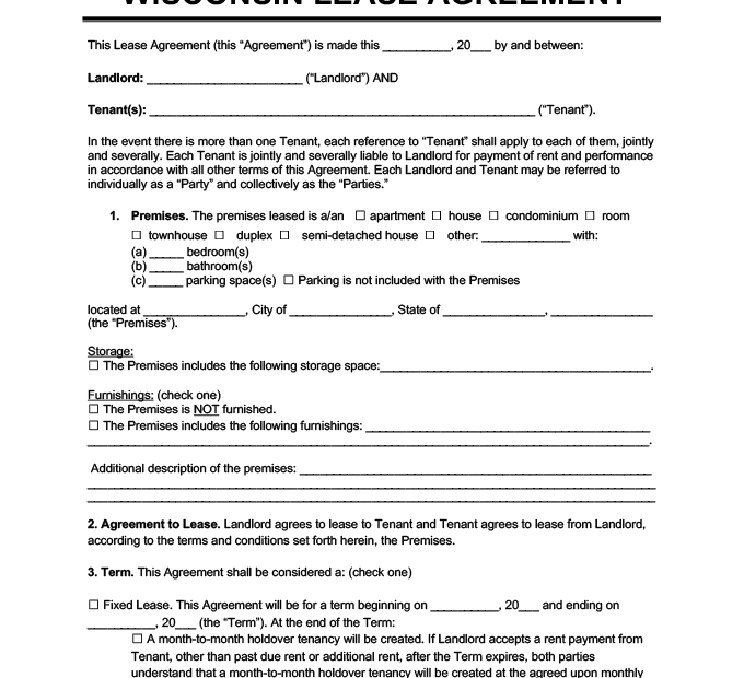 Wisconsin Rental Agreement Custom Free Printable Forms Printable