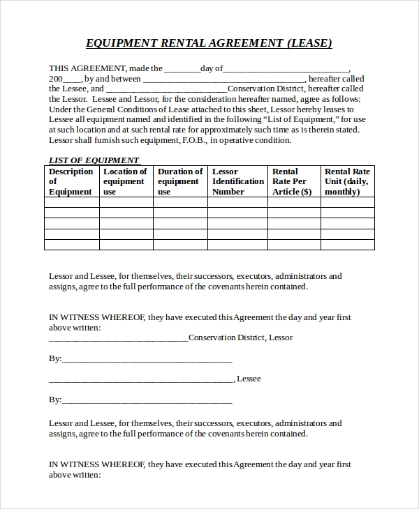 Word Doc Printable Equipment Rental Agreement Template Printable 