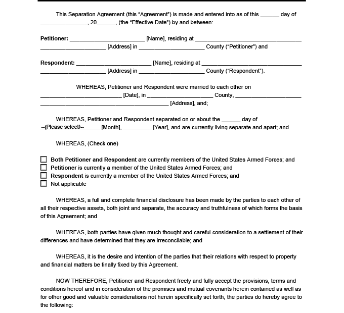 Word Printable Separation Agreement Template Printable Templates
